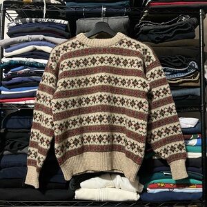 Classic Beige and Red Patterned Crewneck Sweater